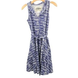Effie's Heart‎ Dress Woman's Medium Fit Flare Blue Sail Boat Belted Pockets